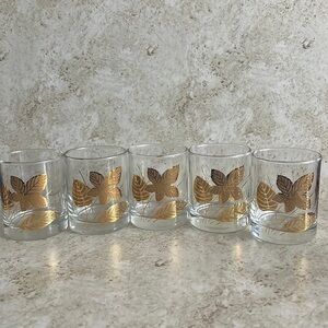 Libby Glass MCM Gold Leaves On the Rock Glasses set of 5